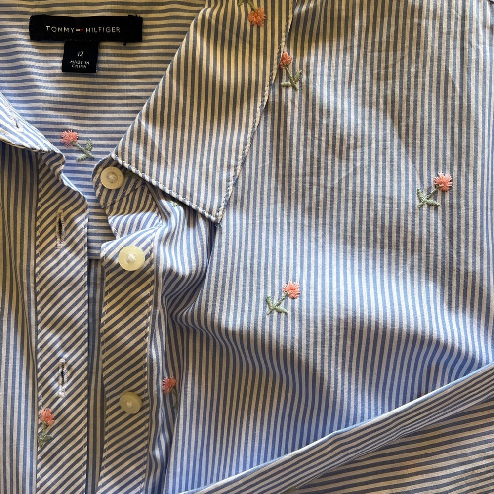 Tommy Hilfiger Blue and White Striped Dress with Floral Accents